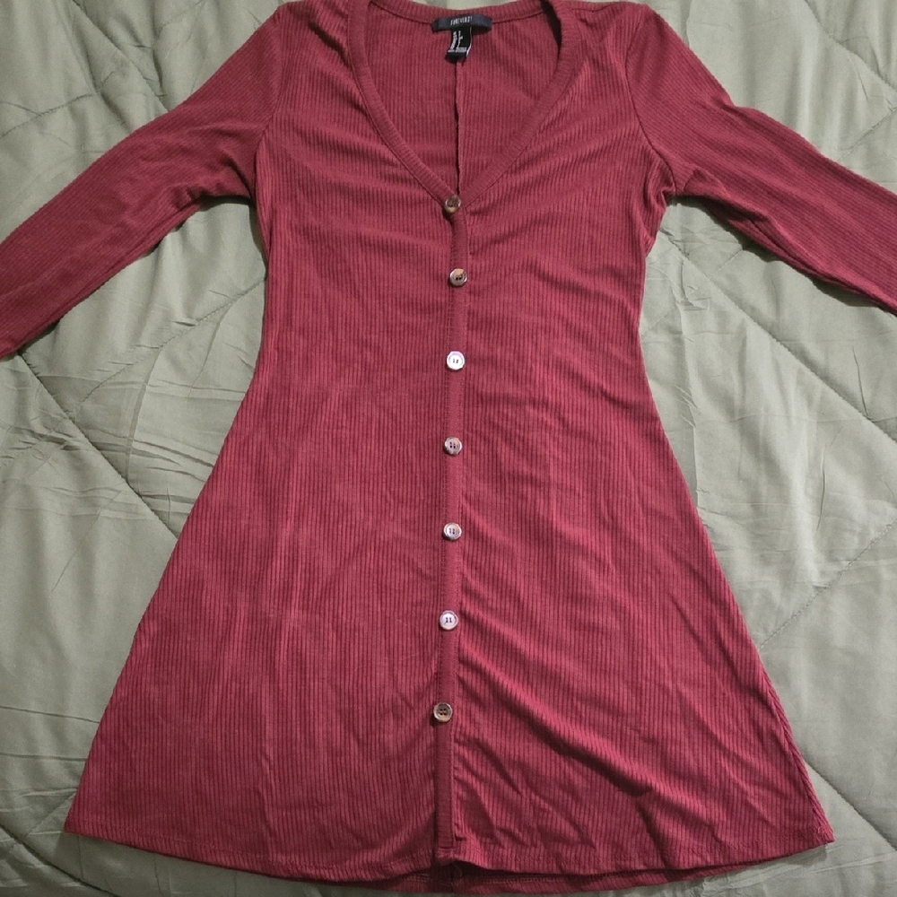Forever 21 Burgundy Buttoned V-Neck Dress